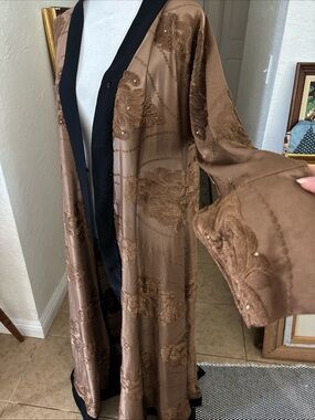 All over Embroidered Open Abaya/Kimono Duster Cardigan Elegant Brown One Size